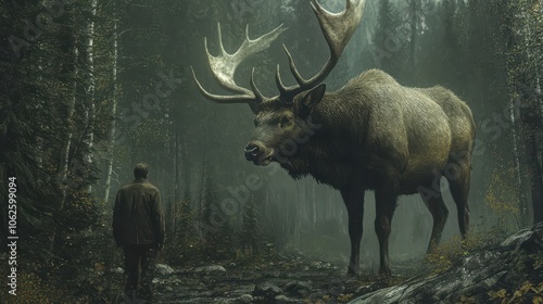 A large elk stands near a man in the forest