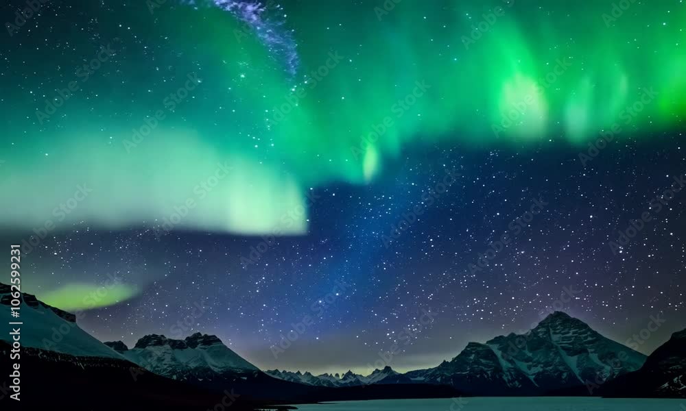A stunning night sky featuring vibrant auroras over a mountainous landscape and calm waters. A stunning night sky featuring vibrant auroras over a mountainous landscape and calm waters.