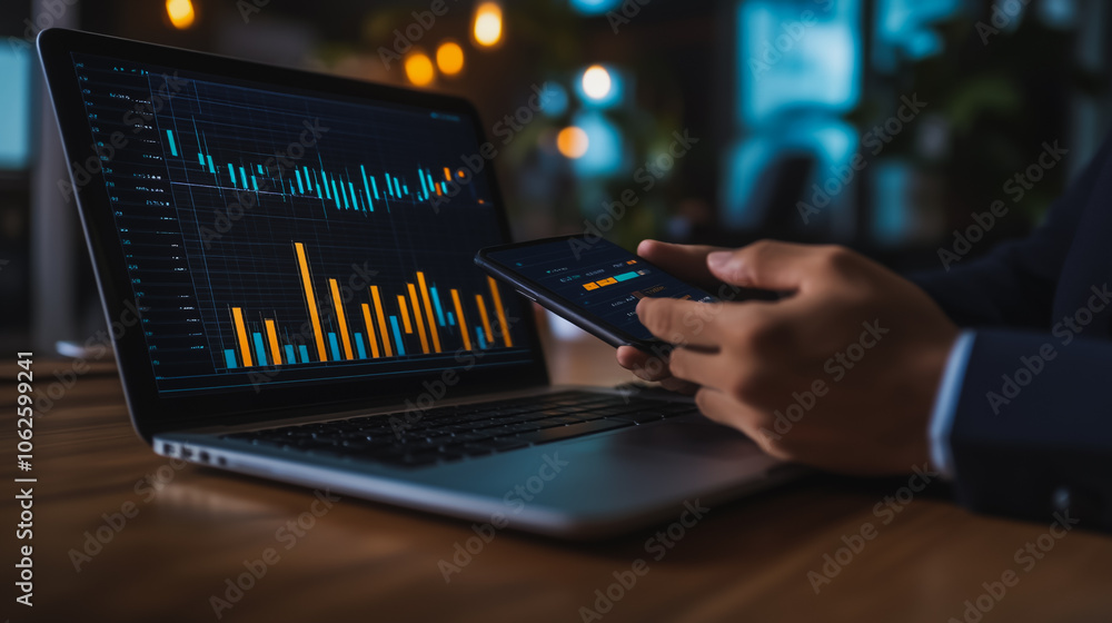 Business person evaluates metrics for charts and graphs with statistics to innovative analyze business potential and forecast future development of companies growth., setting goals for expansion. Business person evaluates metrics for charts and graphs with statistics to innovative analyze business potential and forecast future development of companies growth., setting goals for expansion.
