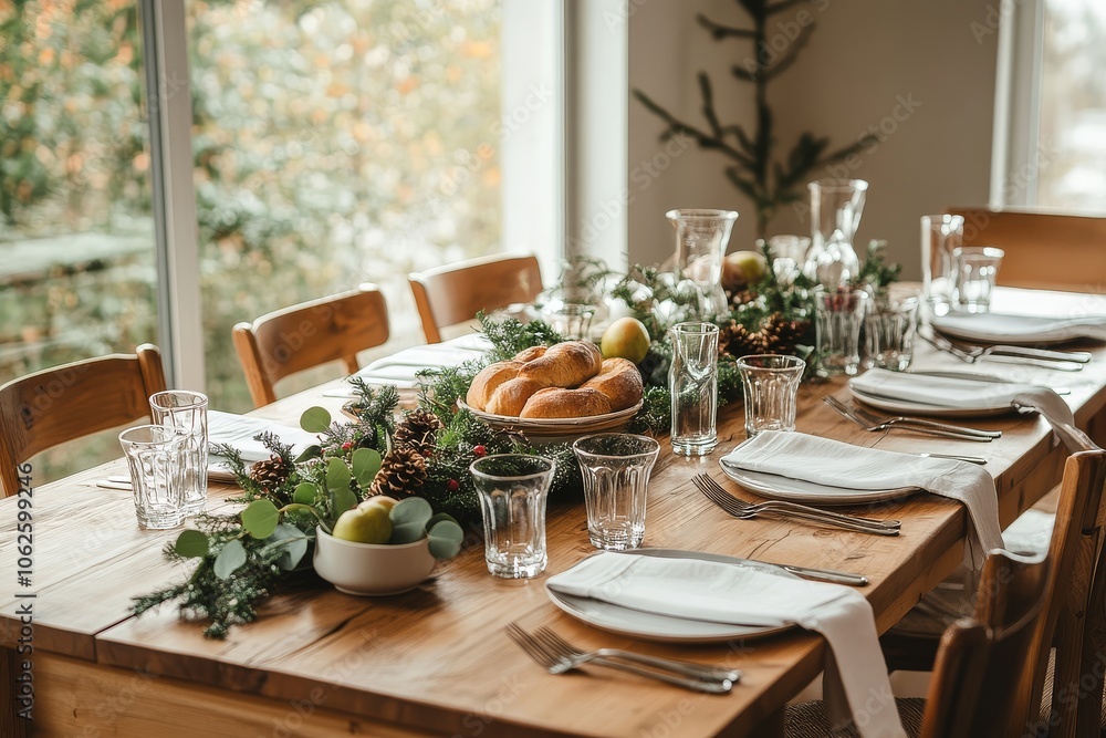 Modern minimalistic dining table set for Christmas with greenery, white linens, and natural light, creating an inviting atmosphere. Modern minimalistic dining table set for Christmas with greenery, white linens, and natural light, creating an inviting atmosphere.