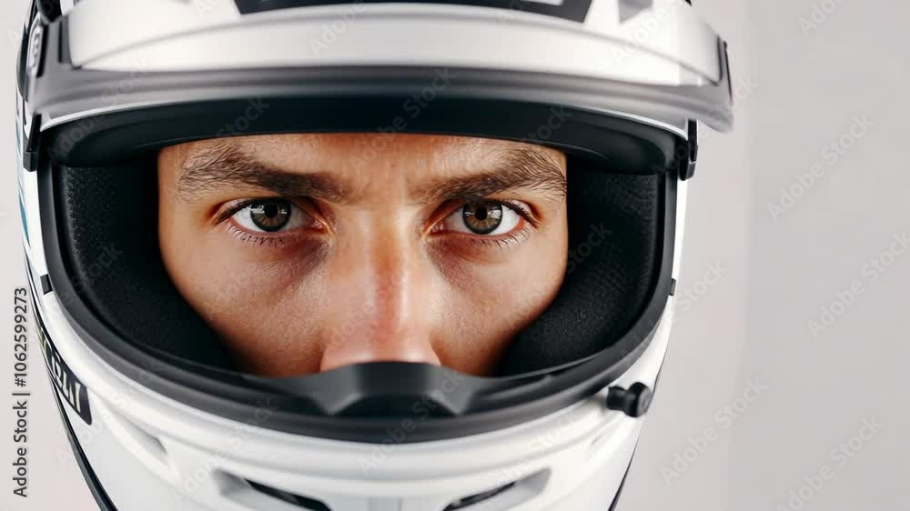 Professional portrait of a male motorcyclist with a white helmet on a clean white background. Professional portrait of a male motorcyclist with a white helmet on a clean white background.