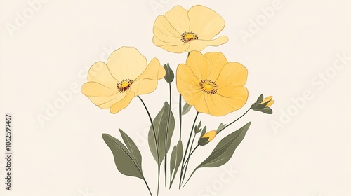 A vibrant and cheerful illustration of yellow flowers, capturing the bright and lively essence of nature. The flowers, with their rich yellow petals, are depicted in a realistic yet artistic style,