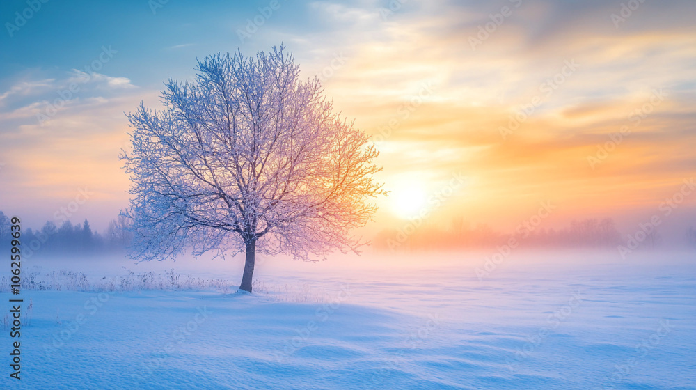 A winter sunset casts a warm glow over a snowy landscape with a single tree A winter sunset casts a warm glow over a snowy landscape with a single tree