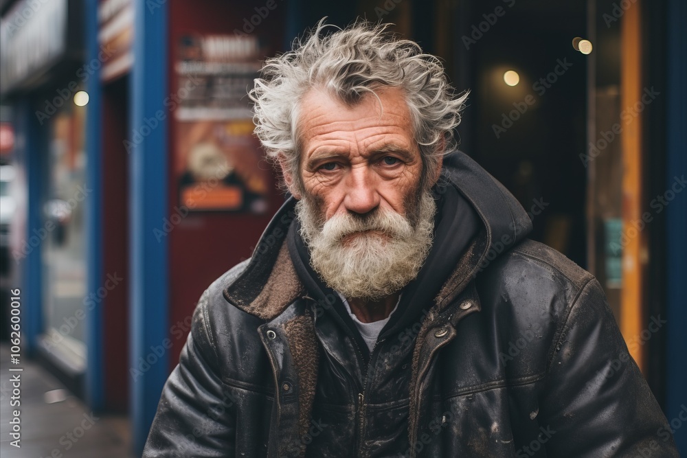 Portrait of an old man with gray beard and mustache in a leather jacket on the street Portrait of an old man with gray beard and mustache in a leather jacket on the street