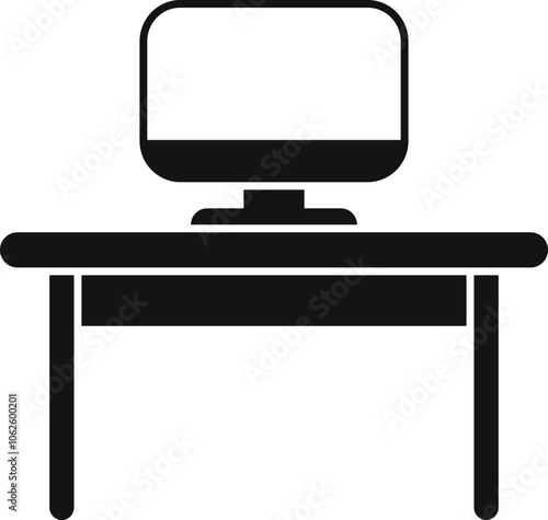 Simple black vector icon of a computer monitor placed on a desk, representing a workspace