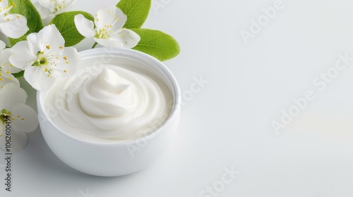 Sleek white jar sits amidst delicate flowers on a bright backdrop, perfect for highlighting cosmetic elegance.