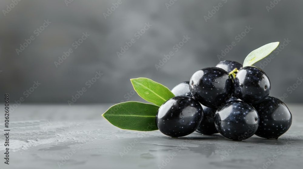 A stunning branch of fresh black olives, featuring glossy leaves against a sleek silver backdrop. Perfect for any design. A stunning branch of fresh black olives, featuring glossy leaves against a sleek silver backdrop. Perfect for any design.