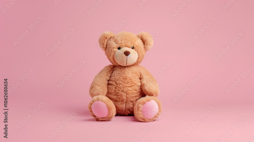 A cozy brown teddy bear sits upfront on a soft pastel pink backdrop, perfect for adding warmth to any space. A cozy brown teddy bear sits upfront on a soft pastel pink backdrop, perfect for adding warmth to any space.