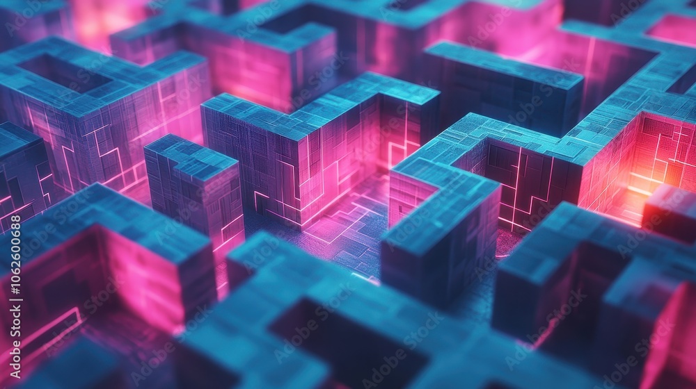 Futuristic Neon Maze with Glowing Pink and Blue Lights in a Digital Abstract Environment Futuristic Neon Maze with Glowing Pink and Blue Lights in a Digital Abstract Environment