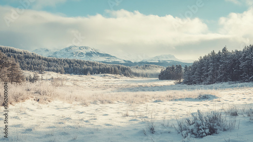 Wallpaper Mural Snow-covered landscape in winter with mountains and pine trees under a clear sky Torontodigital.ca