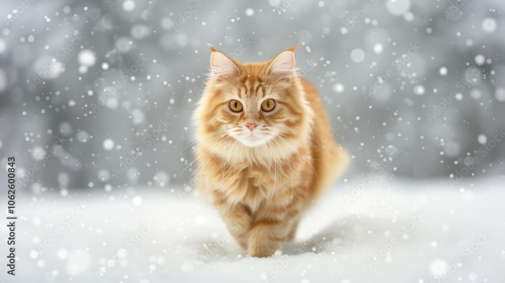 A fluffy, furious cat prowls through snowflakes in a tranquil forest, ready for a winter hunt. A fluffy, furious cat prowls through snowflakes in a tranquil forest, ready for a winter hunt.