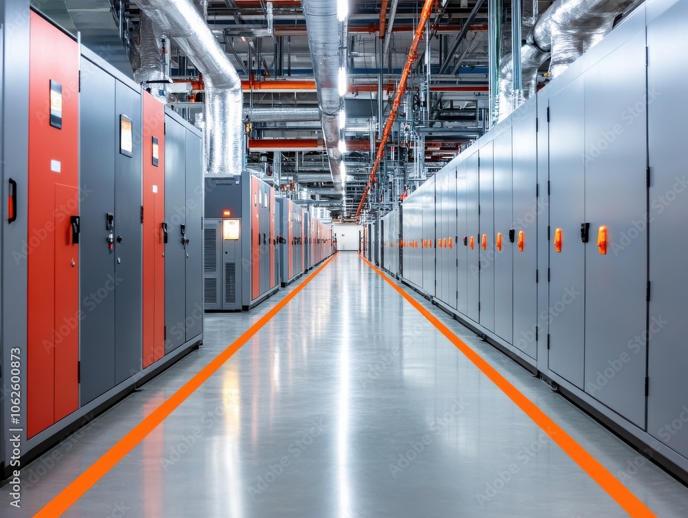 Obraz premium A modern factory interior showcasing neat rows of electrical cabinets and a clean, well-lit environment.