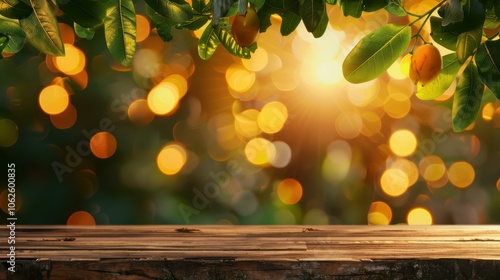 A serene wood table top, positioned against a softfocus jungle backdrop, invites creativity and relaxation. photo