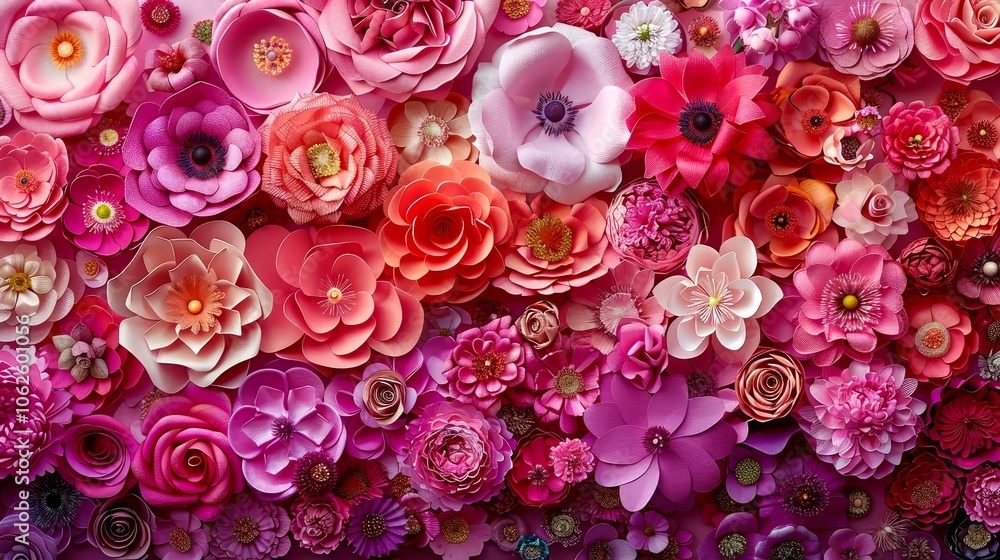 Naklejka premium A stunning display of intricately crafted paper flowers in different shades of pink creates a vibrant wall art piece. The diverse shapes and sizes highlight the beauty of floral design.