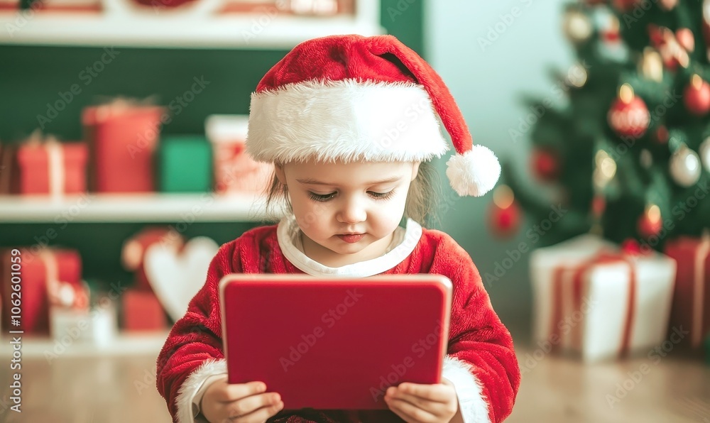 Happy children kid watching cartoons on tablet at School on new year and Christmas Eve Happy children kid watching cartoons on tablet at School on new year and Christmas Eve