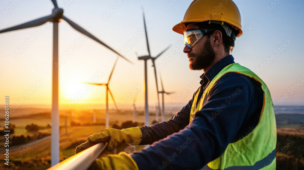 wind turbine technician wearing safety helmet and reflective vest observes sunset while working on wind farm. scene captures dedication and focus of renewable energy professionals wind turbine technician wearing safety helmet and reflective vest observes sunset while working on wind farm. scene captures dedication and focus of renewable energy professionals