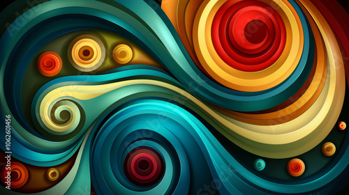 This artwork showcases a vibrant composition of swirling forms and circular elements crafted in rich colors. The bold contrasts create a dynamic visual effect, drawing the viewer's attention.