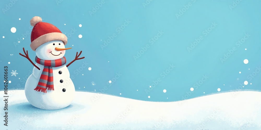 Illustration of a snowman with a scarf and hat on the left side, with a clear blue winter sky on the right for adding holiday wishes. Illustration of a snowman with a scarf and hat on the left side, with a clear blue winter sky on the right for adding holiday wishes.