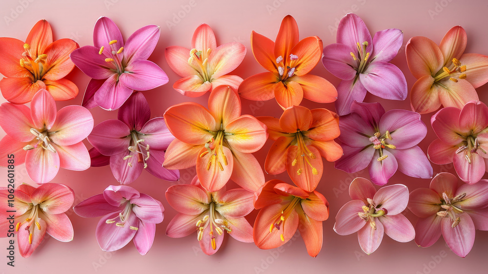 Vibrant lilies in shades of pink, orange, and purple are beautifully arranged on a soft pink background, showcasing their delicate petals and intricate details in bright daylight. Vibrant lilies in shades of pink, orange, and purple are beautifully arranged on a soft pink background, showcasing their delicate petals and intricate details in bright daylight.