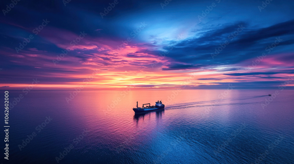 stunning aerial view of cargo ship navigating through calm waters at sunset, surrounded by vibrant hues of purple, pink, and blue in sky. serene atmosphere evokes sense of tranquility and adventure stunning aerial view of cargo ship navigating through calm waters at sunset, surrounded by vibrant hues of purple, pink, and blue in sky. serene atmosphere evokes sense of tranquility and adventure