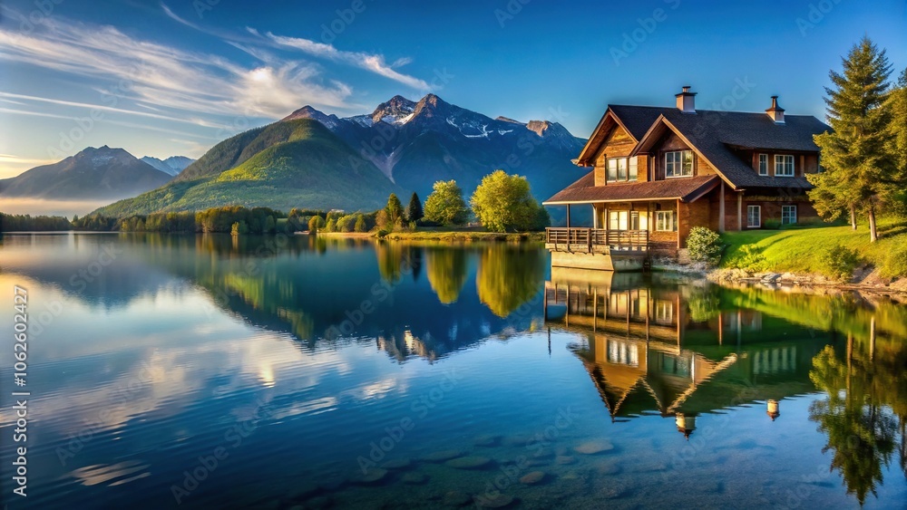 Fototapeta premium Wide-angle house near lake and mountains
