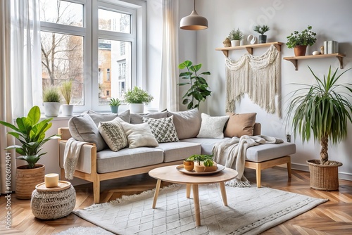 Cozy Scandinavian Interior with White Macrame Pillows and Knit Blanket on Sofa, Emphasizing Minimalist Home Decor, Textures, and Warmth in a Relaxing Atmosphere