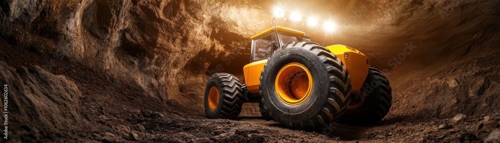 A powerful tractor illuminated in a dark tunnel, showcasing its strength and rugged design in a mining environment. A powerful tractor illuminated in a dark tunnel, showcasing its strength and rugged design in a mining environment.