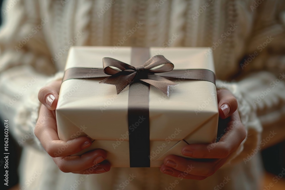 A person is holding a meticulously wrapped gift with a delicate bow, standing indoors. The cozy atmosphere hints at a winter celebration, evoking feelings of warmth and anticipation. A person is holding a meticulously wrapped gift with a delicate bow, standing indoors. The cozy atmosphere hints at a winter celebration, evoking feelings of warmth and anticipation.