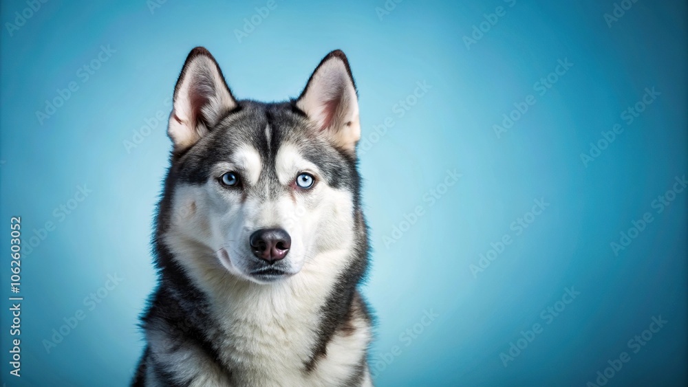 Wide-Angle Husky in foreground on light blue background Wide-Angle Husky in foreground on light blue background