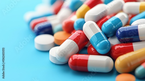 Colorful Pills and Capsules on Blue Background Pharmacy Medicine Healthcare Concept