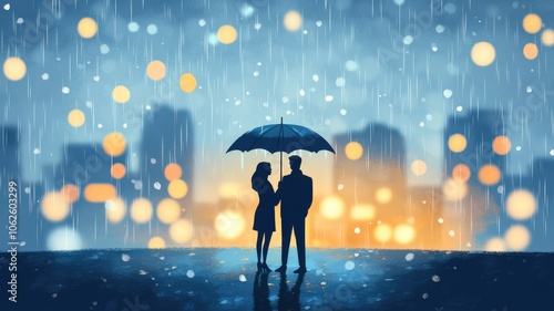 A romantic scene featuring a couple under an umbrella in the rain, illuminated by city lights, creating a dreamy atmosphere.