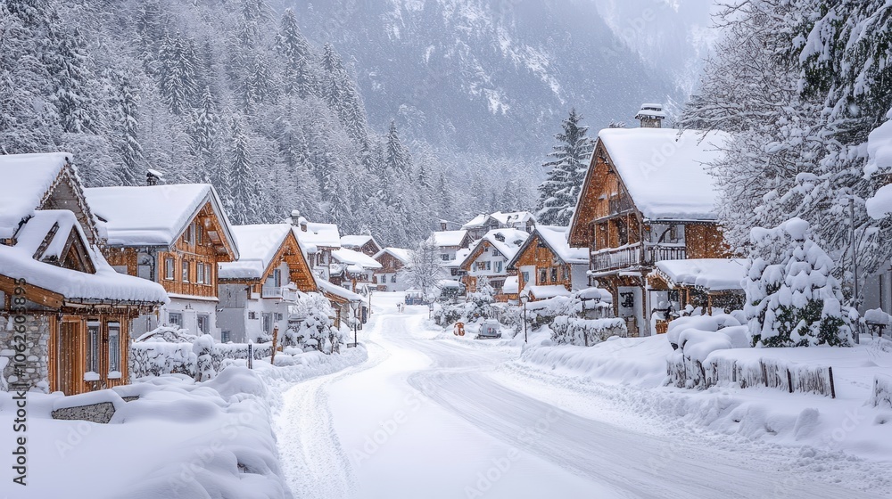 quaint little village in snowfall, idyllic winter scene quaint little village in snowfall, idyllic winter scene