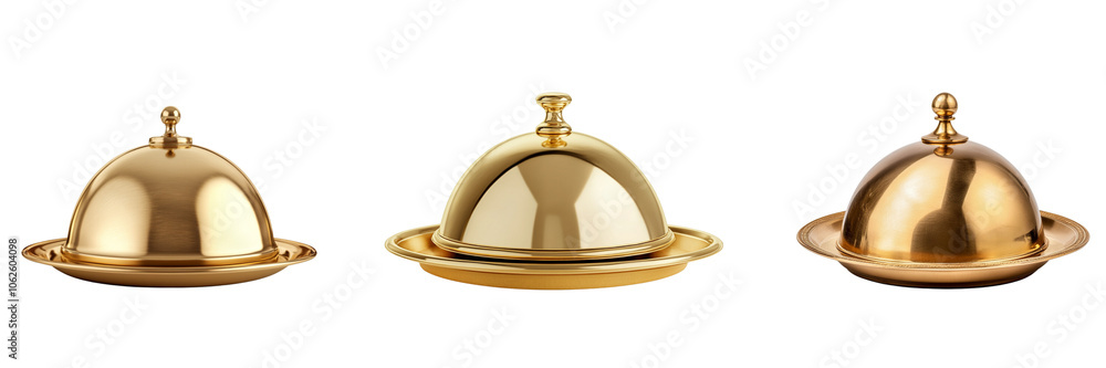 Set of Golden serving cloche raised above empty golden plate isolated on a transparent background Set of Golden serving cloche raised above empty golden plate isolated on a transparent background