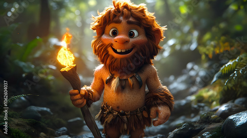 Smiling Caveman Holding Torch in Forest 3D Illustration