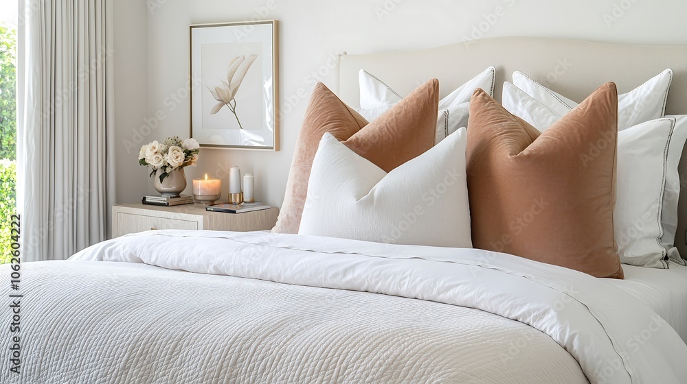 A warm and inviting bedroom scene featuring a large, comfortable bed with luxurious bedding and an array of plush pillows. Soft ambient lighting highlights the decor, including a bedside table A warm and inviting bedroom scene featuring a large, comfortable bed with luxurious bedding and an array of plush pillows. Soft ambient lighting highlights the decor, including a bedside table