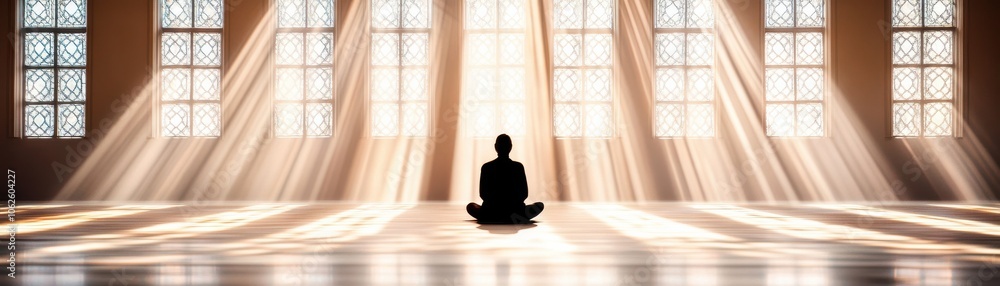 A serene figure meditating in a sunlit room, rays of light creating a peaceful and tranquil atmosphere. A serene figure meditating in a sunlit room, rays of light creating a peaceful and tranquil atmosphere.
