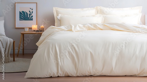 A warm and inviting bedroom scene featuring a large, comfortable bed with luxurious bedding and an array of plush pillows. Soft ambient lighting highlights the decor, including a bedside table