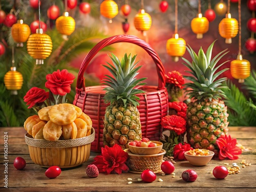 Double Exposure Photography of Ananas Tart and Nastar Pineapple Cookies in Festive Red Chinese New Year Decorations for Imlek and Lebaran Hampers photo