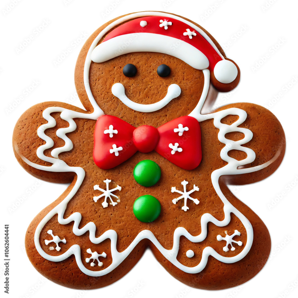 Naklejka premium Festive Gingerbread Cookie with Santa Hat and Bowtie