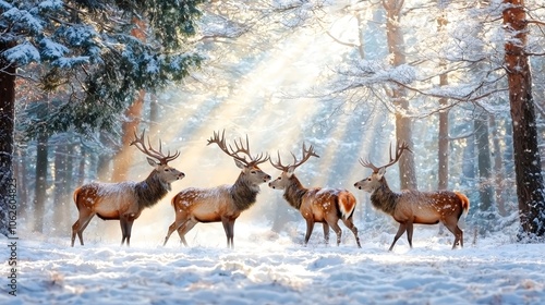 A stunning forest scene featuring a herd of red deer gracefully navigating through a snowy clearing, surrounded by tall evergreen trees. The sunlight filters through the branches, illuminating the photo