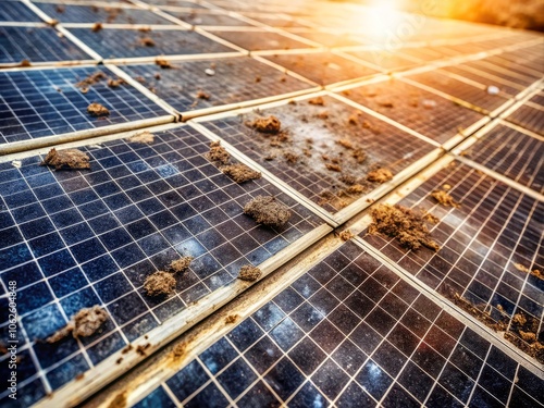 Dusty Old Solar Panel Neglecting Sunlight Energy Harvesting - Macro View of Damaged Solar Technology photo