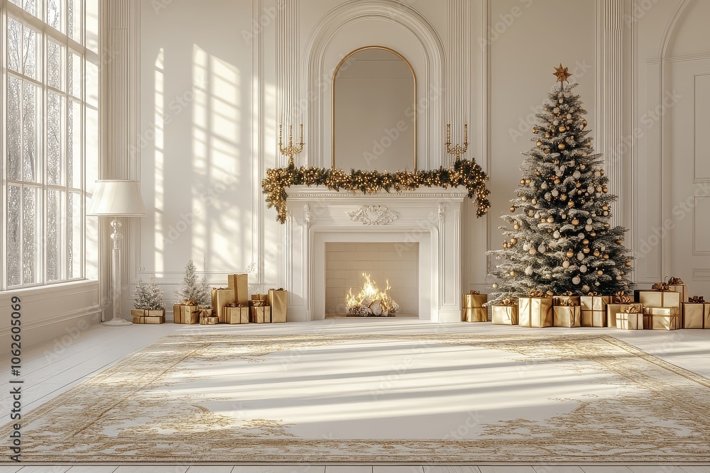 Brightly lit Christmas photo studio with white walls, arched doorway, fireplace, decorated tree, golden ornaments, and cozy carpeted floor. Brightly lit Christmas photo studio with white walls, arched doorway, fireplace, decorated tree, golden ornaments, and cozy carpeted floor.