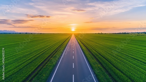 A serene sunset over an endless road through vibrant green fields, embodying tranquility and nature's beauty.