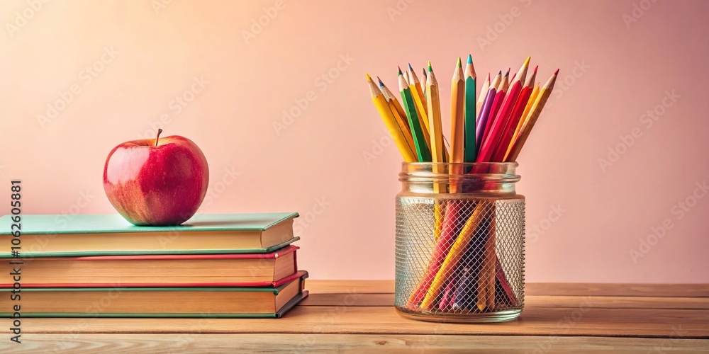 Pencils, books, apple. A focused display. Pencils, books, apple. A focused display.