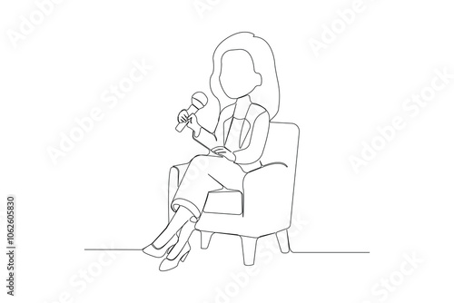 Female podcast holding microphone and talking one-line art drawing. Motivational speaker concept line art background.