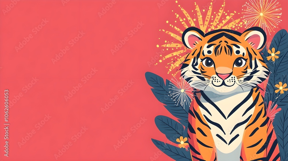 Cute Tiger with Flowers and Fireworks Cute Tiger with Flowers and Fireworks