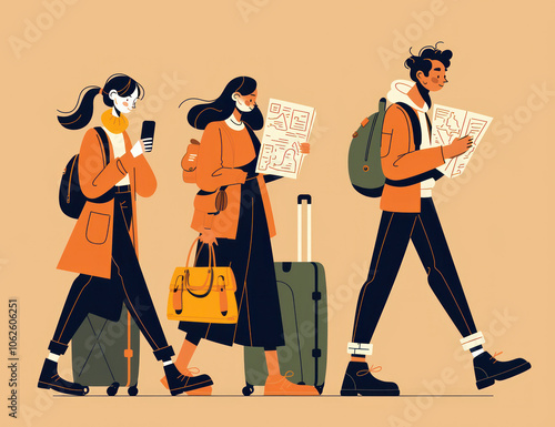 Illustration of Three People Walking with Luggage photo