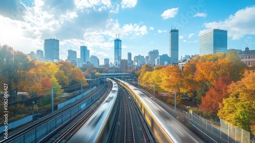 High-Speed Train Zooming Through Urban Landscape