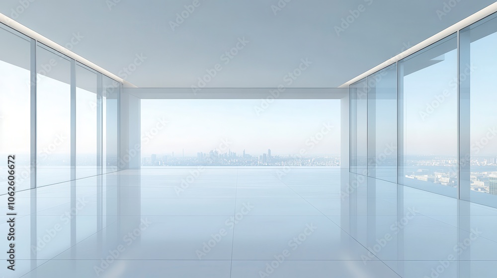Fototapeta premium Minimalist Glass-Walled Room Skyline Reflection, Soft Light, Open Horizon, Tranquil Atmosphere, Expansive View