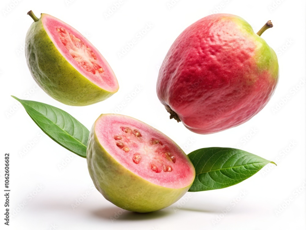 Falling Pink Guava Isolated on White Background - Fresh Fruit Photography, Healthy Snack, Tropical Flavor, Organic Produce, Culinary Delight, Food Styling, Natural Beauty Falling Pink Guava Isolated on White Background - Fresh Fruit Photography, Healthy Snack, Tropical Flavor, Organic Produce, Culinary Delight, Food Styling, Natural Beauty